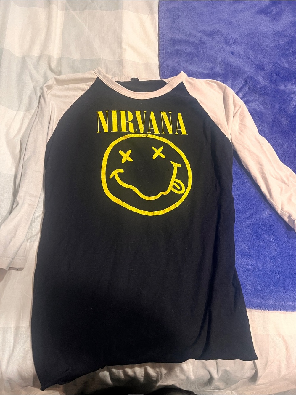 NIRVANA Black Tee with Light Pink Raglan Sleeves and Yellow Logo